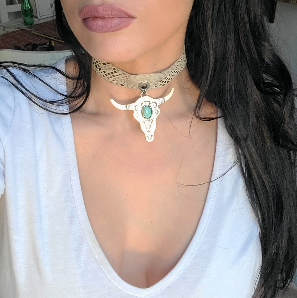 Cow skull handmade leather choker